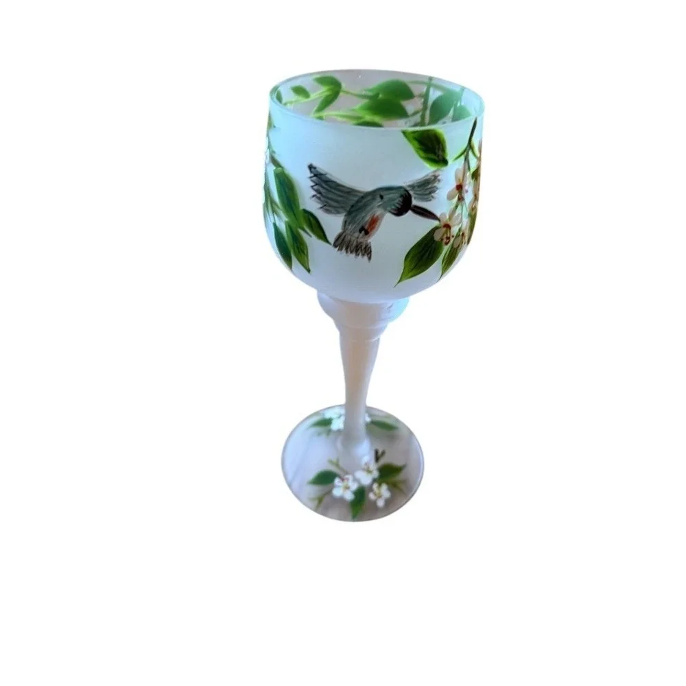 AVON‎ Hand Painted Hummingbird Floral Frosted Stemmed Goblet Wine Glass 8in Vtg